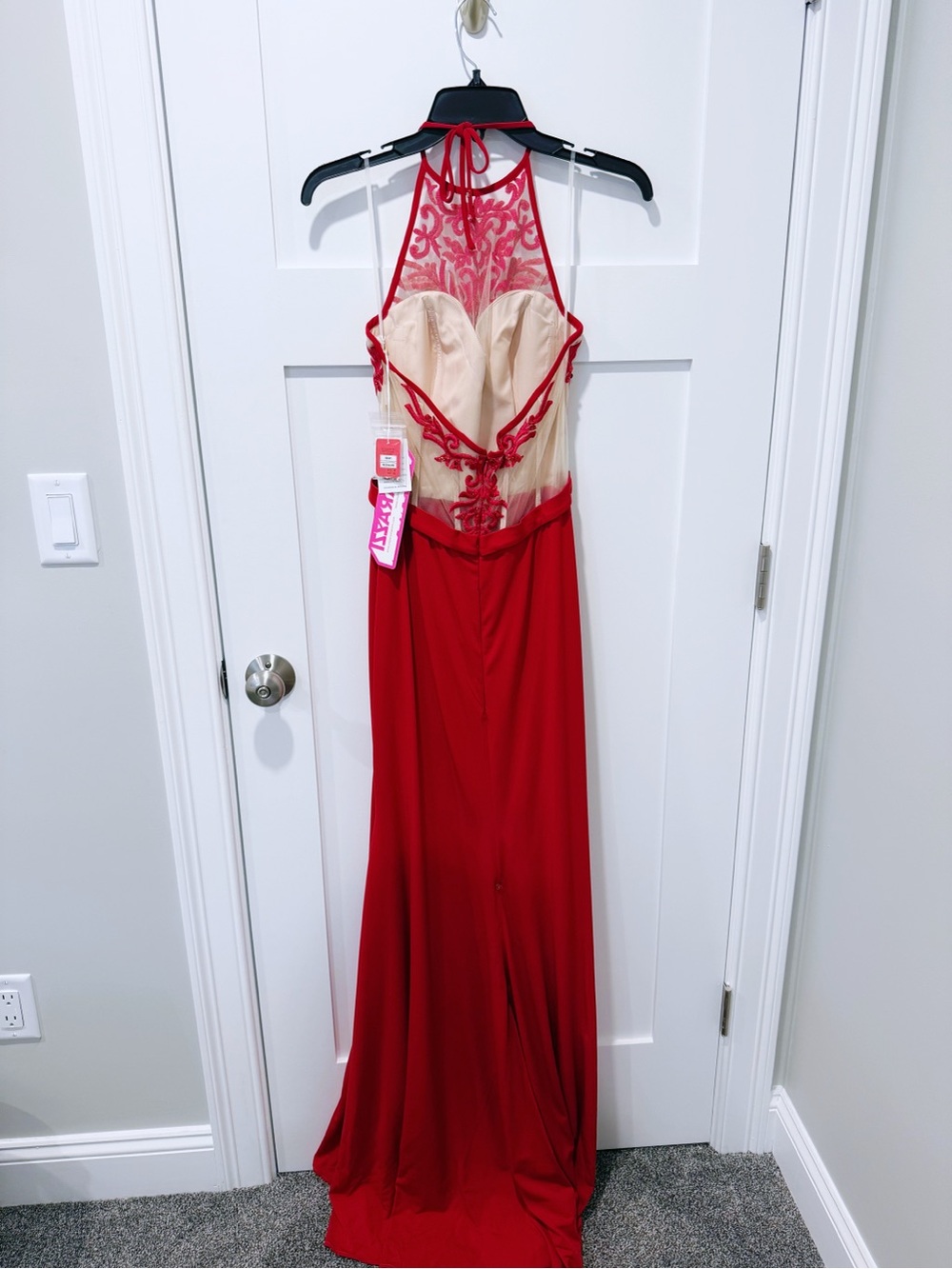 Morilee Paparazzi Lace Halter Prom Maxi Dress in Red - Picture 12 of 13
